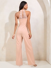 Lipsy Nude Pink Halter Lace Mix Flower Trim Jumpsuit - Image 4 of 4