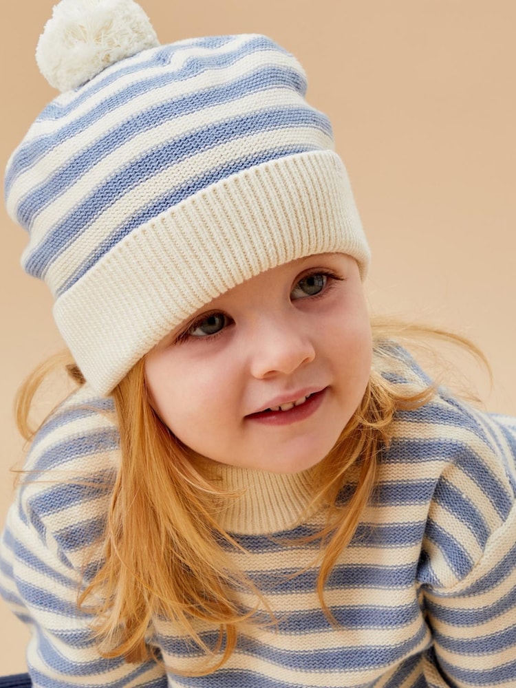 MORI Blue Stripe 100% Cotton Cosy Bobble Hat - Slika 1 iz 3