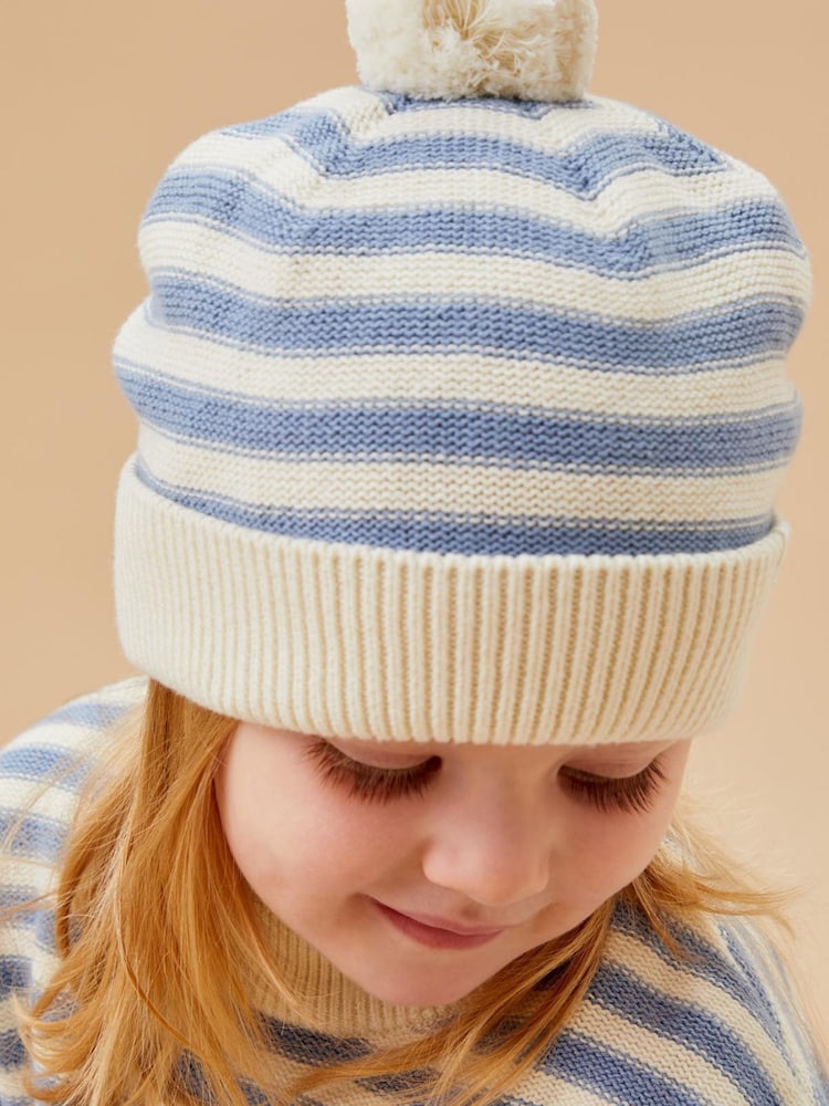 MORI Blue Stripe 100% Cotton Cosy Bobble Hat - Slika 2 iz 3