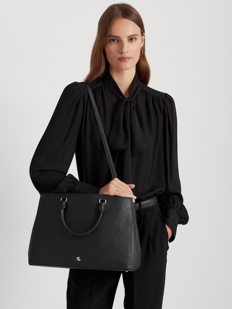 Lauren Ralph Lauren Hanna Crosshatch Leather Black Satchel Bag - Image 2 of 7