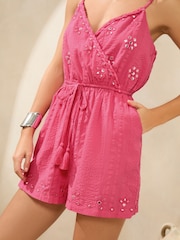 Lipsy Pink 100% Cotton Embroidered and Embellished Cami Playsuit - Image 3 of 4