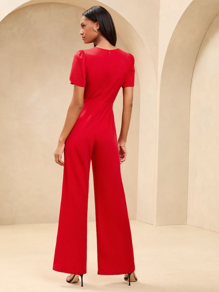 Red Petite Short Sleeve Ruched Front V-Neck Jumpsuit - Image 2 of 4 Red Petite Short Sleeve Ruched Front V-Neck Jumpsuit - Image 2 of 4