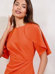 Orange Cape Sleeve Gathered Side Midi Bodycon Dress - Image 3 of 4