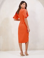 Orange Cape Sleeve Gathered Side Midi Bodycon Dress - Image 4 of 4
