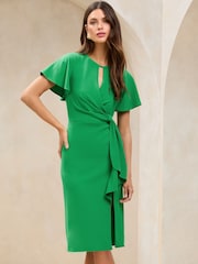 Lipsy Green Flutter Sleeve Tie Side Midi Dress - Image 1 of 4