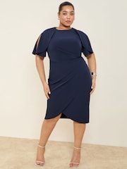 Navy Curve Cape Sleeve Gathered Side Midi Bodycon Dress - Image 1 of 4