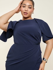 Navy Curve Cape Sleeve Gathered Side Midi Bodycon Dress - Image 2 of 4