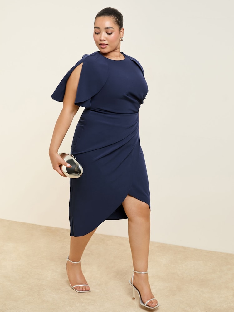 Navy Curve Cape Sleeve Gathered Side Midi Bodycon Dress - Image 3 of 4