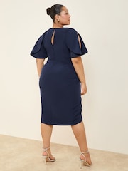 Navy Curve Cape Sleeve Gathered Side Midi Bodycon Dress - Image 4 of 4