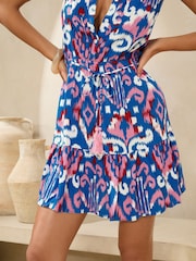Lipsy Blue Ikat Broderie Sleeveless Mini Shirt Dress - Image 3 of 4
