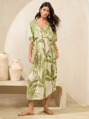 Green Palm Printed Kimono Drawstring V-Neck Midi Dress - Image 1 of 4