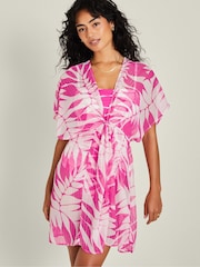 Accessorize Pink Palm Print Chiffon Beach Kaftan Dress - Image 1 of 4