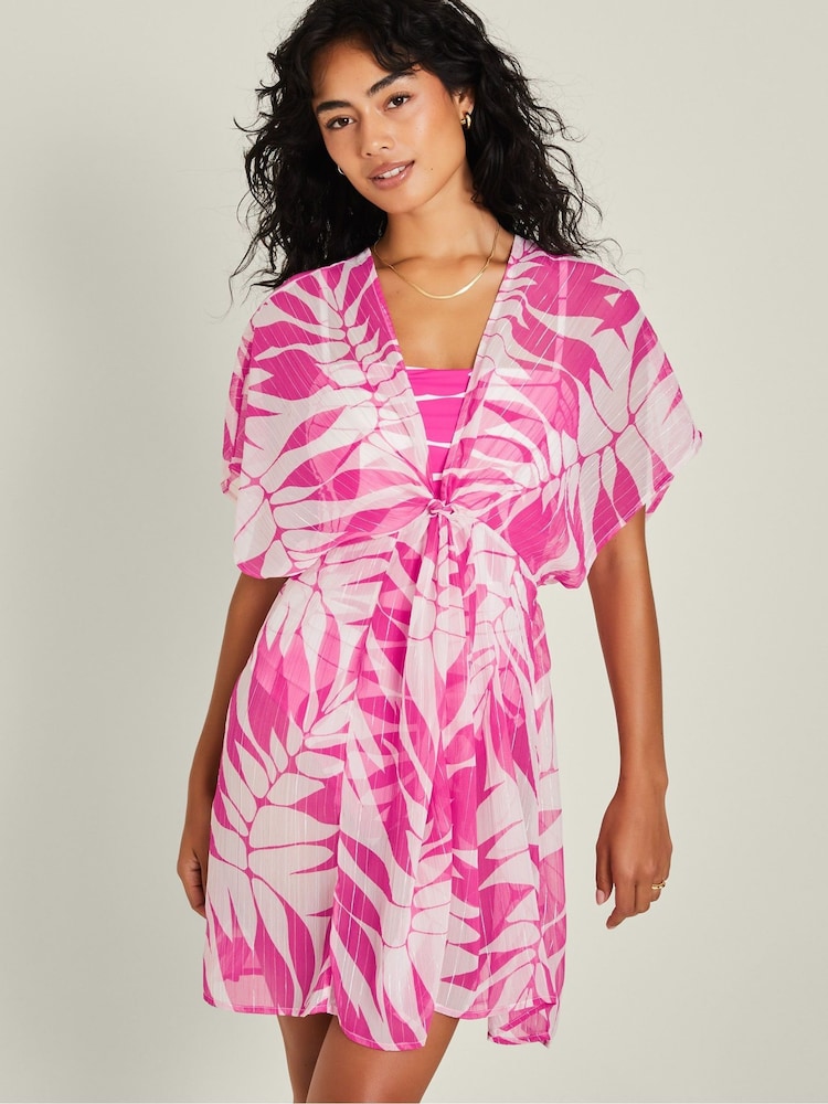 Accessorize Pink Palm Print Chiffon Beach Kaftan Dress - Image 1 of 4
