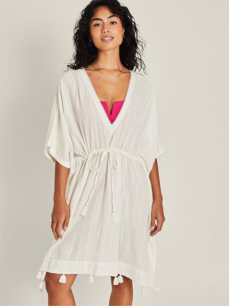 Accessorize White Glitter Stripe Beach Kaftan Dress - Image 1 of 4