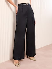 Friends Like These Black Wide Leg Tailored Pleat Front Trousers With Belt - Image 1 of 4