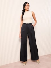 Friends Like These Black Wide Leg Tailored Pleat Front Trousers With Belt - Image 3 of 4