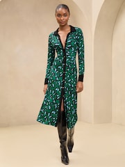 Lipsy Green Animal Printed Long Sleeve Jersey Shirt Dress - Image 1 of 4