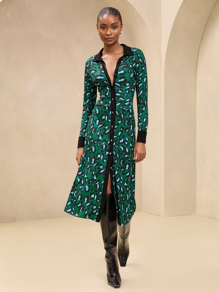 Lipsy Green Animal Printed Long Sleeve Jersey Shirt Dress - Image 1 of 4