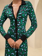 Lipsy Green Animal Printed Long Sleeve Jersey Shirt Dress - Image 3 of 4