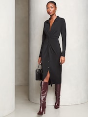 Lipsy Black Jersey Knot Front Midi Shirt Dress - Image 1 of 4
