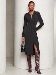 Lipsy Black Jersey Knot Front Midi Shirt Dress - Image 3 of 4