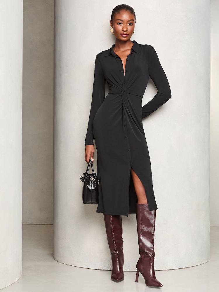 Lipsy Black Jersey Knot Front Midi Shirt Dress - Image 3 of 4