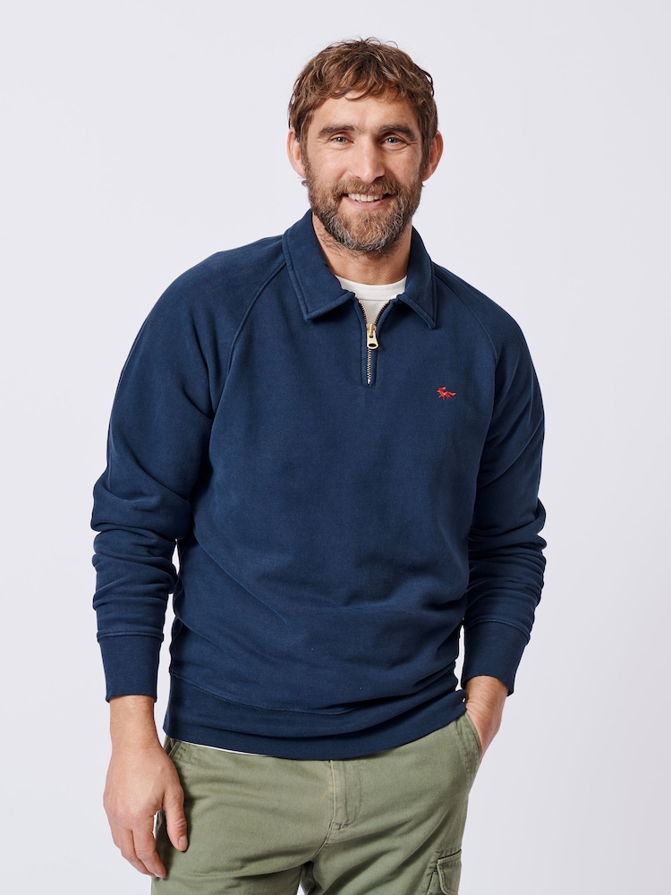 Aubin Navy Dunster Zip Neck 100% Cotton Sweatshirt - Image 1 of 6