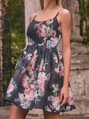 Lipsy Black Floral Print Linen Look Mini Cami Prom Dress - Image 3 of 4