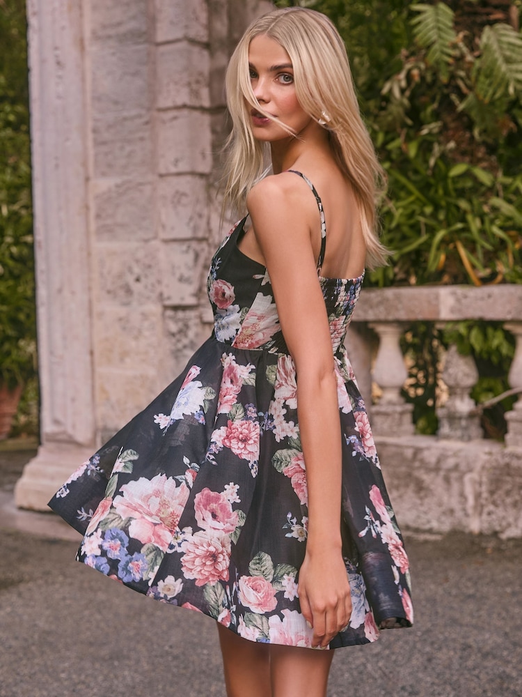 Lipsy Black Floral Print Linen Look Mini Cami Prom Dress - Image 4 of 4