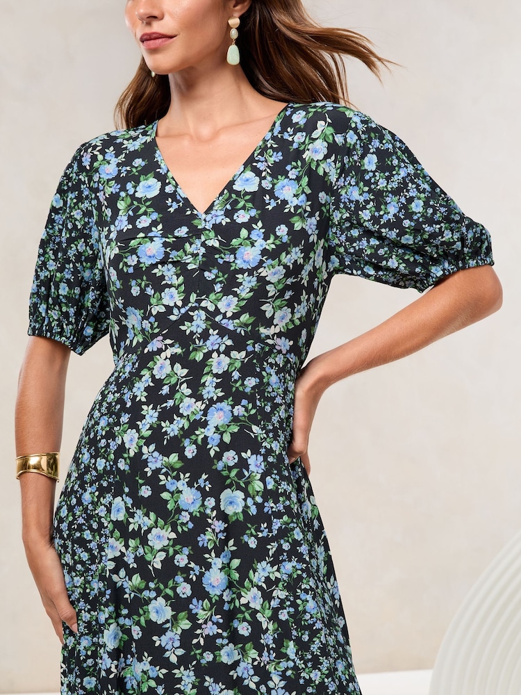 Lipsy Blue Petite Floral Mixed Print Short Sleeve Viscose Midi Dress
