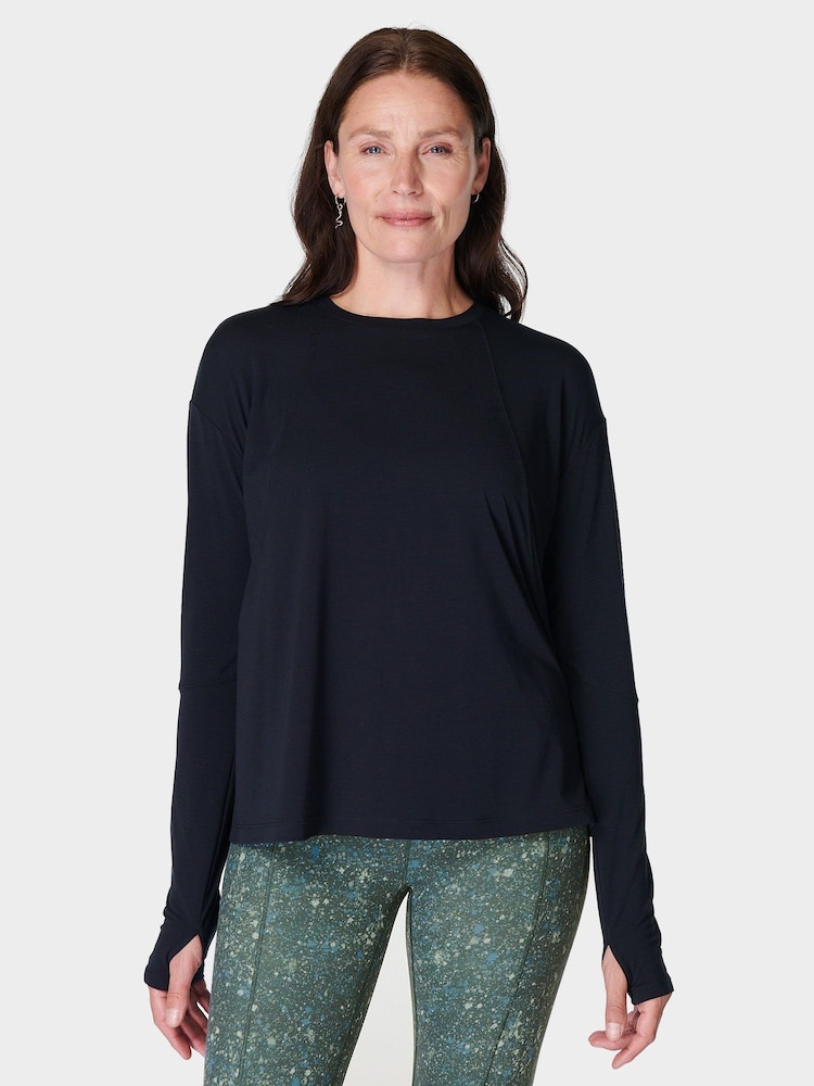 Sweaty Betty Black Soft Flow Studio Long Sleeve Top - Image 1 of 7