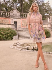 Lipsy Pink Floral Petite Short Sleeve Linen Look Mini Shirt Dress - Image 3 of 4