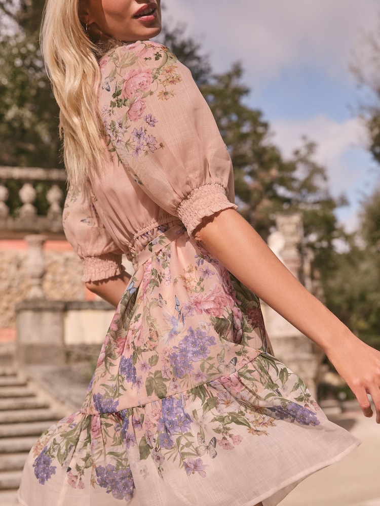Lipsy Pink Floral Petite Short Sleeve Linen Look Mini Shirt Dress - Image 4 of 4