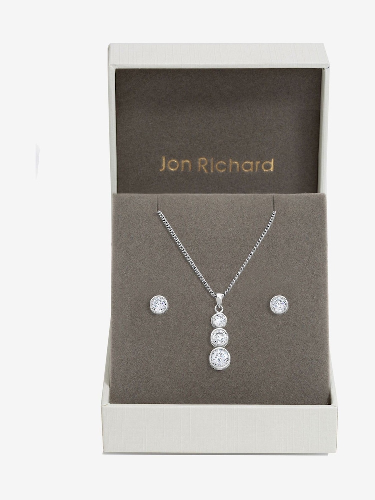 Jon Richard Silver Cubic Zirconia Bezel Stick Pendant And Earrings - Gift Box - Image 1 of 4