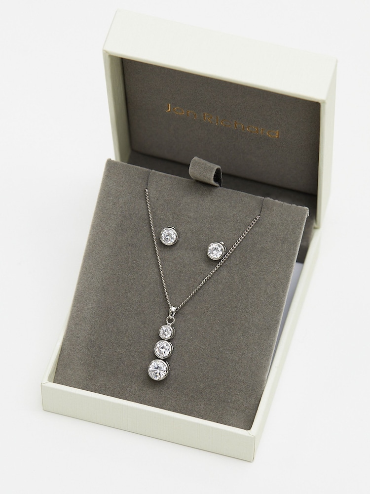 Jon Richard Silver Cubic Zirconia Bezel Stick Pendant And Earrings - Gift Box - Image 2 of 4