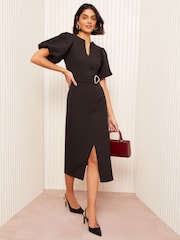 Friends Like These Black Notch Neck V-Neck Tailored Midi Dress - Image 3 of 4