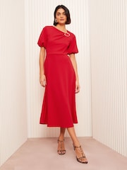 Friends Like These Red Short Sleeve Buckle Detail Tailored Dress - Image 1 of 4