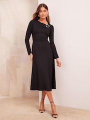 Friends Like These Black Long Sleeve Buckle Tailored Midi Dress - Image 3 of 4