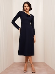 Friends Like These Navy Long Sleeve Buckle Tailored Midi Dress - Image 1 of 4