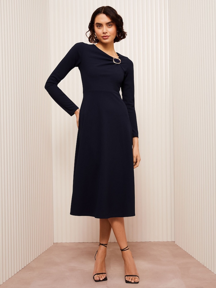 Friends Like These Navy Long Sleeve Buckle Tailored Midi Dress - Image 1 of 4