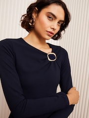 Friends Like These Navy Long Sleeve Buckle Tailored Midi Dress - Image 2 of 4