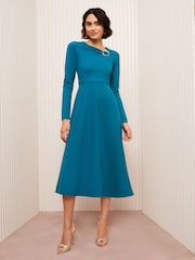 Friends Like These Teal Blue Long Sleeve Buckle Tailored Midi Dress - Image 1 of 4