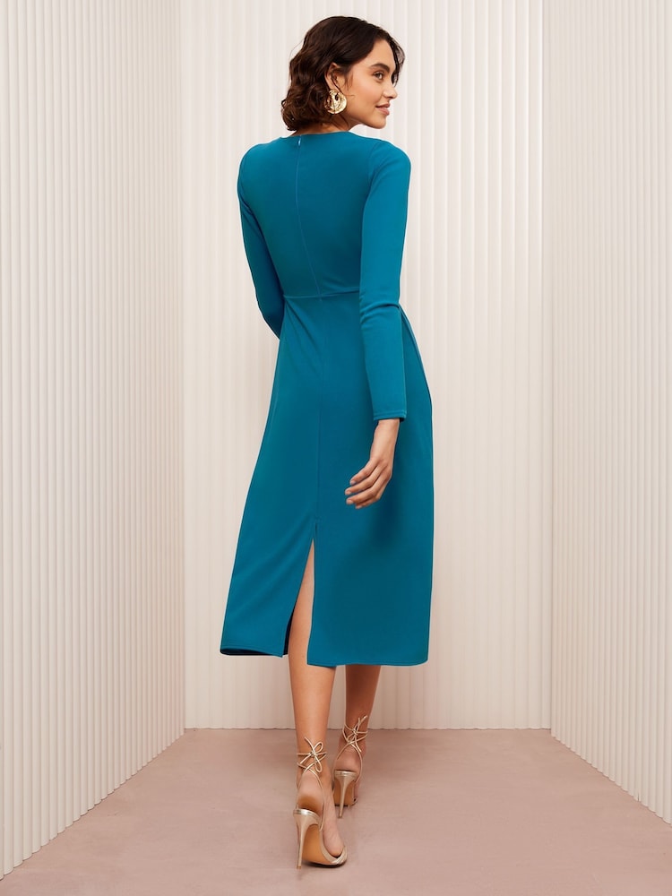 Friends Like These Teal Blue Long Sleeve Buckle Tailored Midi Dress - Image 4 of 4