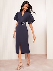 Friends Like These Navy Notch Neck V-Neck Tailored Midi Dress - Image 1 of 4