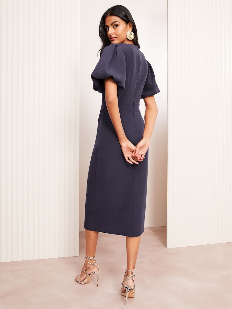Friends Like These Navy Notch Neck V-Neck Tailored Midi Dress - Image 4 of 4