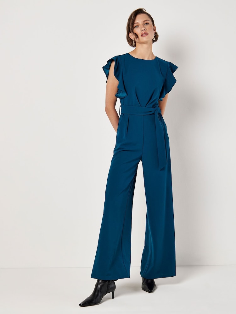 Apricot Green Ruffle Sleeve Pleat Detail Jumpsuit - Image 1 of 4 Apricot Green Ruffle Sleeve Pleat Detail Jumpsuit - Image 1 of 4