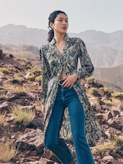 Apricot Green Snakeskin Open Collar Shirt Dress - Image 1 of 5