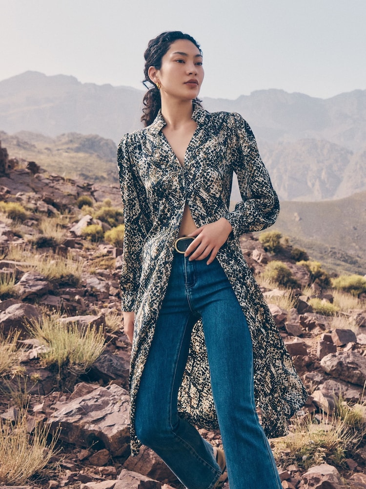 Apricot Green Snakeskin Open Collar Shirt Dress - Image 1 of 5 Apricot Green Snakeskin Open Collar Shirt Dress - Image 1 of 5