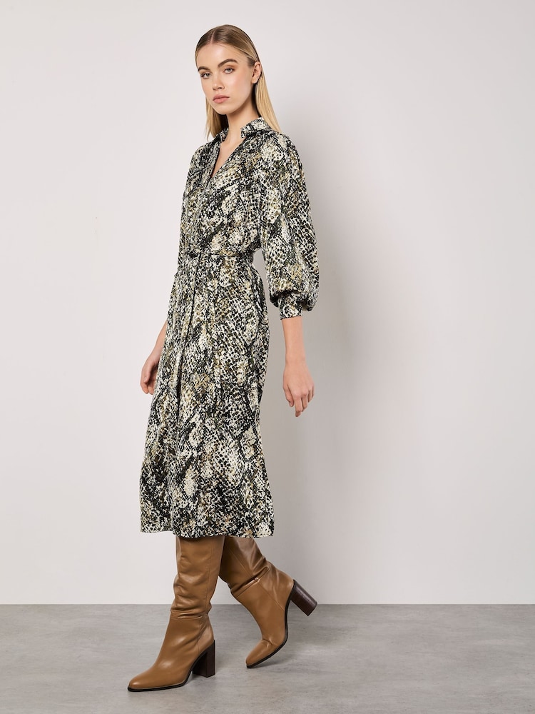 Apricot Green Snakeskin Open Collar Shirt Dress - Image 2 of 5