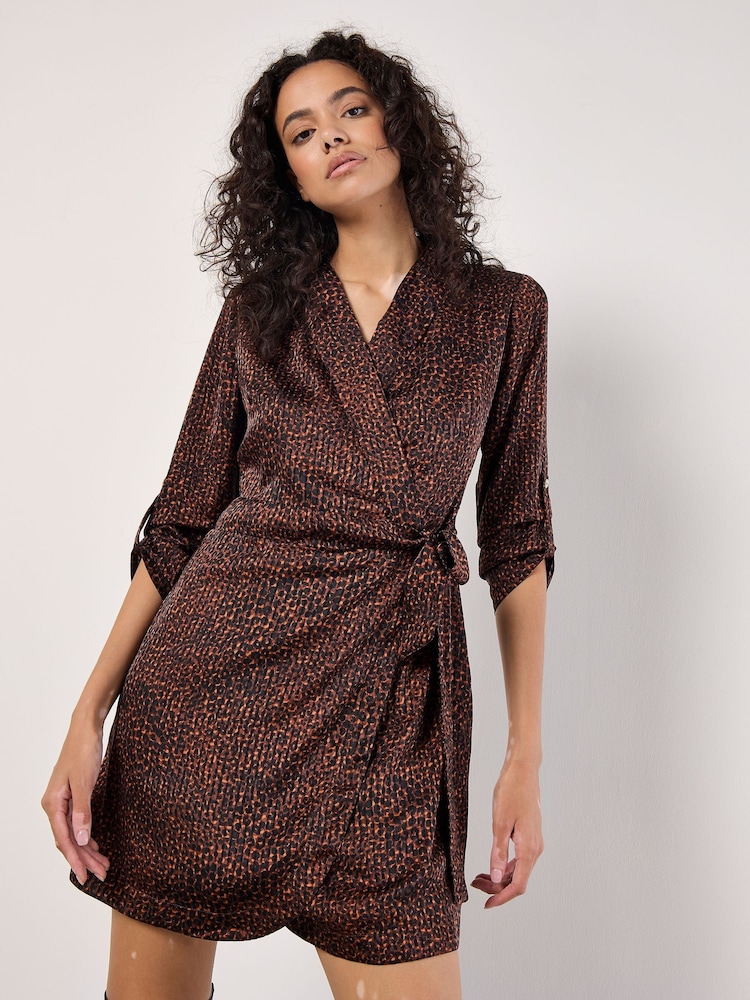Apricot Orange Micro Animal Print Tie Wrap Dress - Image 1 of 4